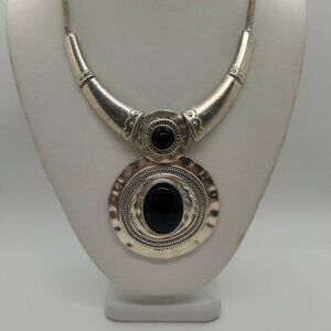 Silver-Tone Necklace With Black Acrylic Cabochons & Ornate Pendant Design